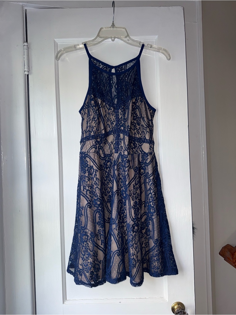 Francesca's Collections Navy Lace Mini Dress with Nude Lining